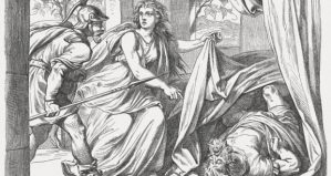 Jael shows Barak Sisera dead